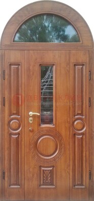 Двустворчатая железная дверь МДФ со стеклом в форме арки ДА-52 в Сертолово