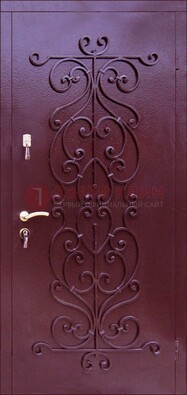 Бордовая металлическая дверь с ковкой ДК-21 в кирпичный дом в Сертолово