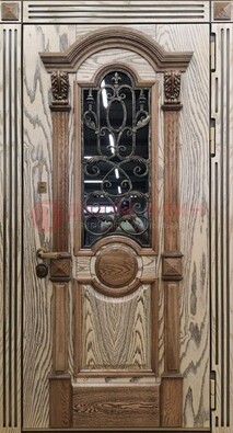 Железная дверь с массивом дуба со стеклом и ковкой ДМД-47 в Сертолово
