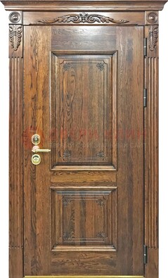 Коричневая металлическая дверь с массивом дуба и филенкой ДМД-67 в Сертолово