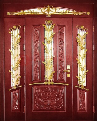 Бордовая железная парадная дверь со стеклом и ковкой ДПР-75 в Сертолово