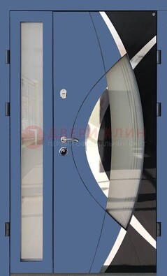 Синяя металлическая дверь со стеклом и узором ДС-13 в Сертолово