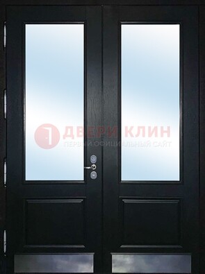 Черная двухстворчатая металлическая дверь со стеклом ДС-25 в Сертолово
