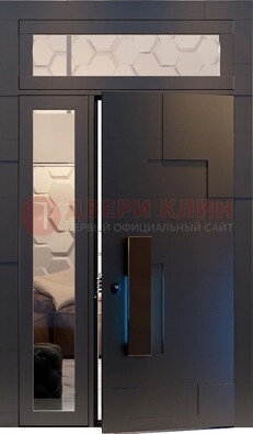 Чёрная двухстворчатая металлическая дверь со стеклом ДС-64 в Сертолово
