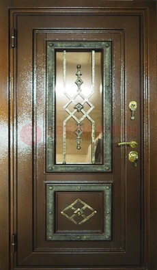 Теплая входная дверь со стеклом и ковкой разноцветной ДСК-13 в Сертолово