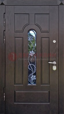 Металлическая дверь со стеклом и ковкой в цвете венге ДСК-142 в Сертолово