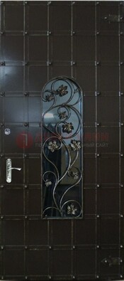 Высокая железная дверь со стеклом и ковкой ДСК-15 в Сертолово