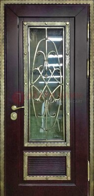 Темная уличная дверь порошок со стеклом и ковкой ДСК-167 в Сертолово