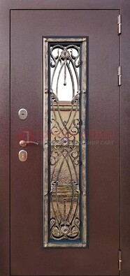 Коричневая стальная дверь порошок со стеклом и ковкой для дома ДСК-169 в Сертолово