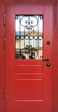 Красная железная дверь Винорит со стеклом и ковкой ДСК-205 в Сертолово