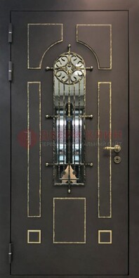 Темная входная дверь Винорит со стеклом и ковкой ДСК-211 в Сертолово