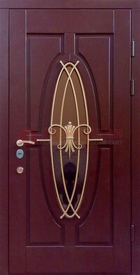 Бордовая стальная дверь Винорит со стеклом и ковкой ДСК-263 в Сертолово