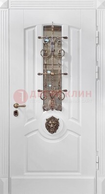 Белая металлическая дверь с виноритом и стеклом с ковкой ДВТ-165 в Сертолово