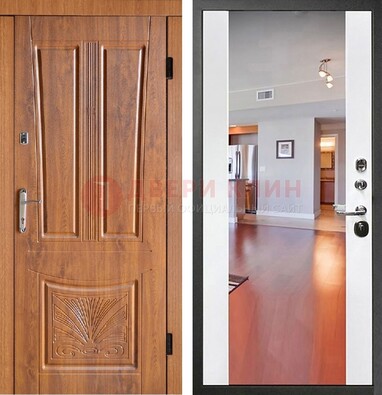 Входная коричневая дверь терморазрыв c виноритом и белая МДФ c зеркалом ДЗ-123 в Сертолово