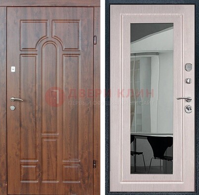 Входная коричневая дверь с МДФ Белый дуб и зеркалом ДЗ-126 в Сертолово