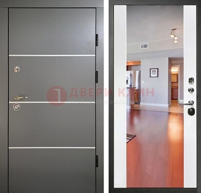 Темная коричневая входная дверь с зеркалом МДФ белая внутри ДЗ-131 в Сертолово