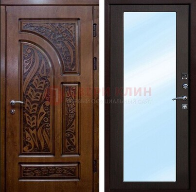 Коричневая входная дверь c узором и виноритом МДФ с зеркалом ДЗ-98 в Сертолово