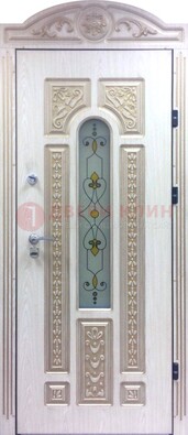 Белая железная дверь с МДФ и витражом ВЖ-26 в Сертолово