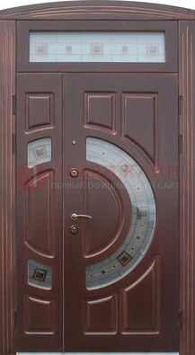 Коричневая двухстворчатая железная дверь с МДФ и витражом ВЖ-29 в Сертолово
