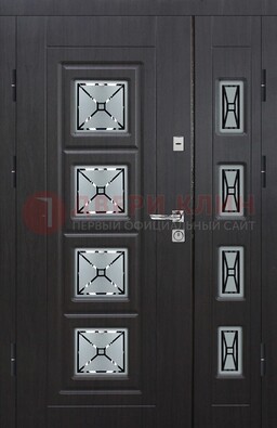 Чёрная двухстворчатая железная дверь с МДФ и витражом ВЖ-35 в Сертолово