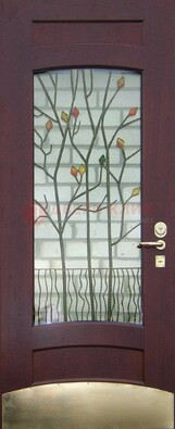 Бордовая стальная дверь с витражом и декоративным элементом ВЖ-3 в Сертолово